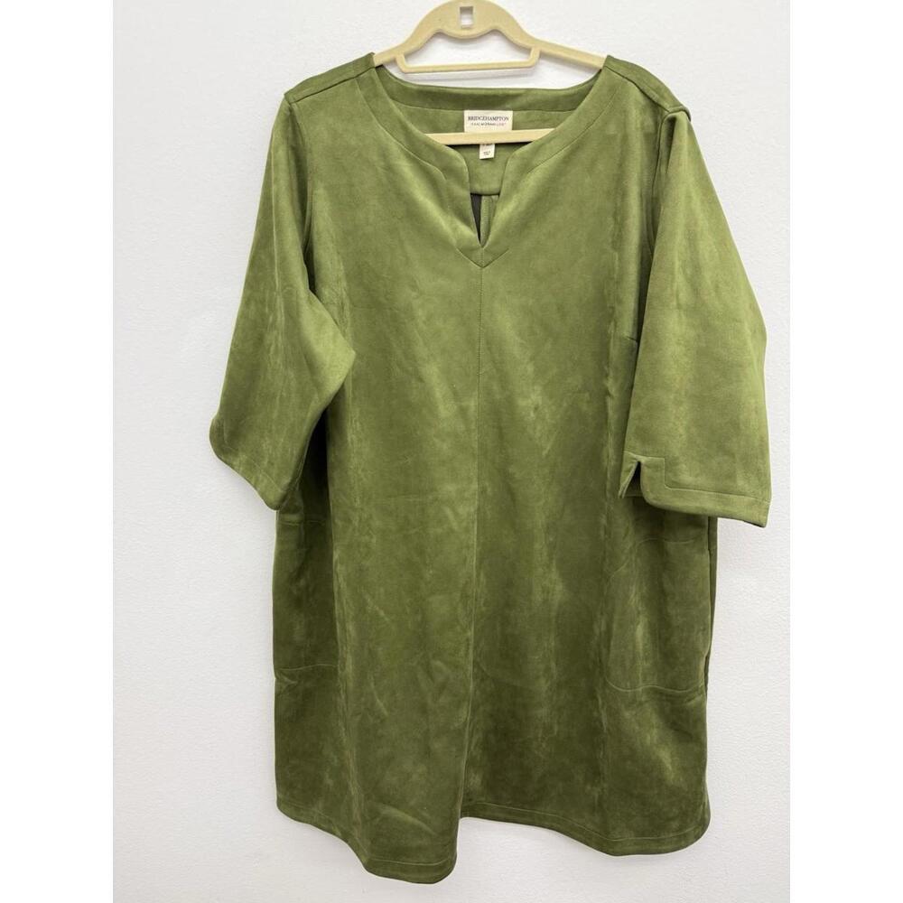Isaac Mizrahi Live! Size 2XP Faux Suede Basil Green Shift Dress 3/4 Sleeve